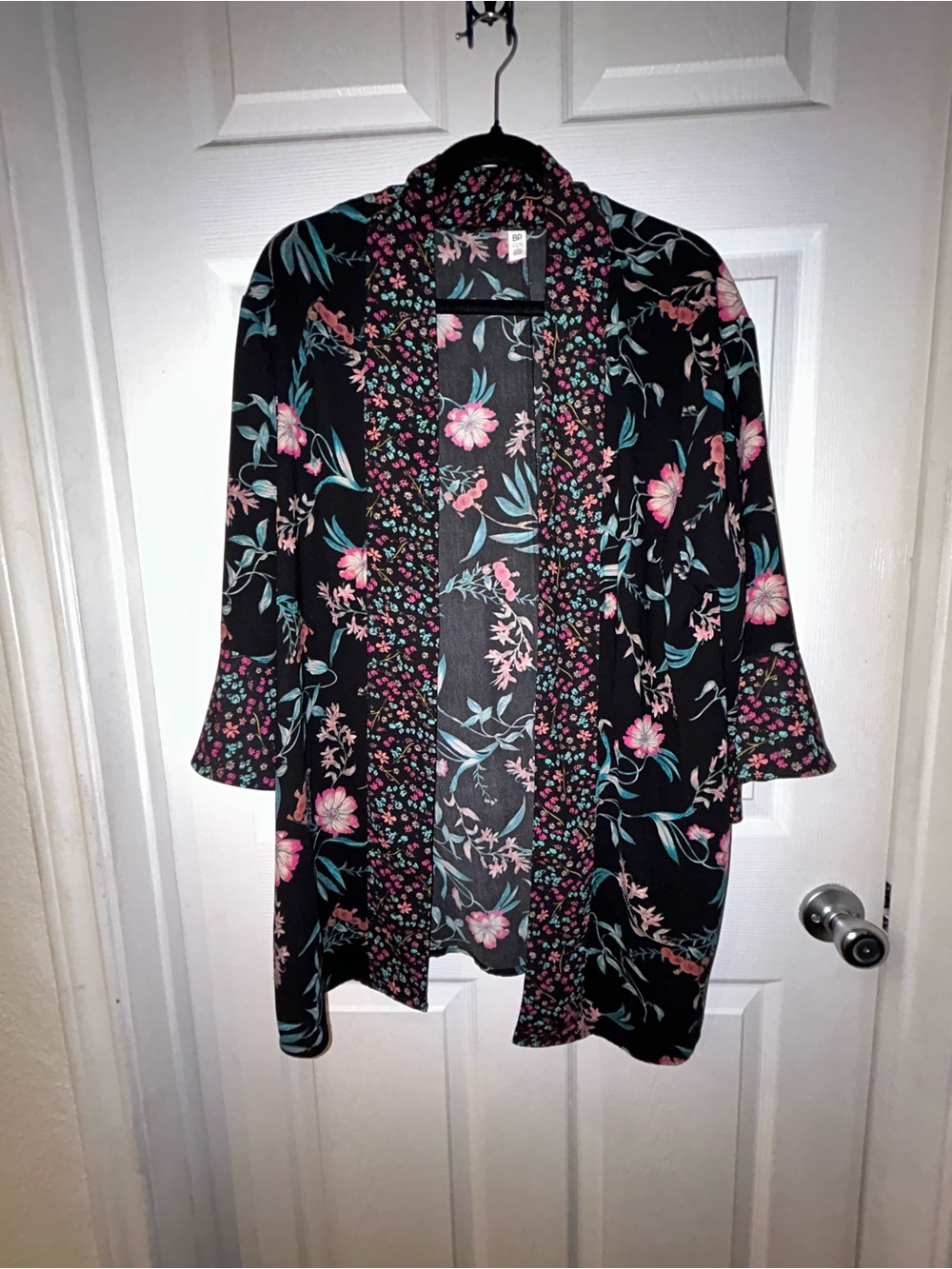 bp (Nordstrom) Black Floral Open Cardigan with Pink & Teal Blooms